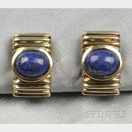 14kt Gold and Lapis Earclips, R. Stone