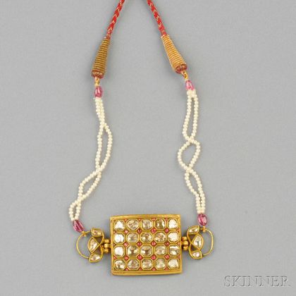 18kt Gold, Enamel, Diamond, and Seed Pearl Necklace