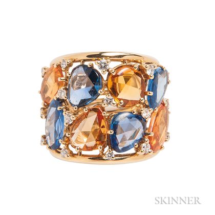 18kt Gold, Sapphire, Orange Sapphire, and Diamond Ring