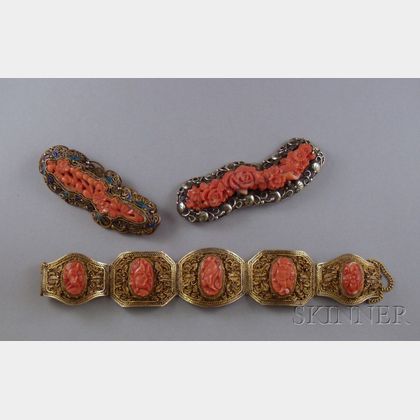 Two Silver-Framed Carved Coral Brooches and a Gilt-Silver and Carved Coral Bracelet