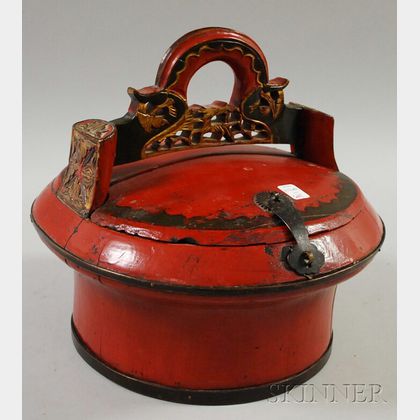 Chinese Gilt and Red-painted Carved Wood Lunch Pail. 