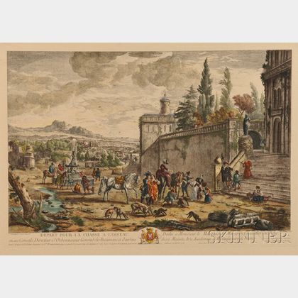 Continental School, 20th Century Two Framed Hand-colored Intaglio Prints: After Antonio Visentini (Italian, 1688-1782),Prospectus a...