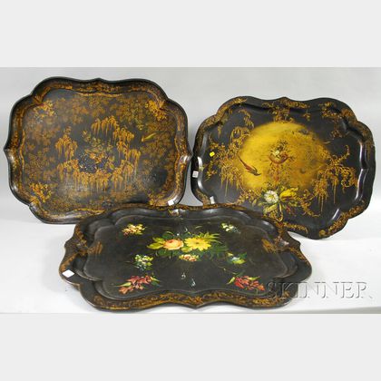 Three Large Victorian Gilt and Polychrome-decorated Black Lacquered Papier-mache Trays