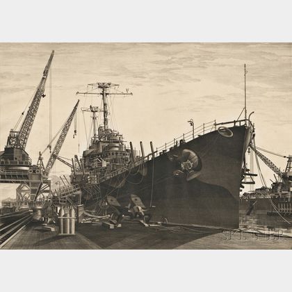 John Taylor Arms (American, 1887-1953) U.S.S. Columbia under Construction at New York Shipbuilding Corporation, Camden