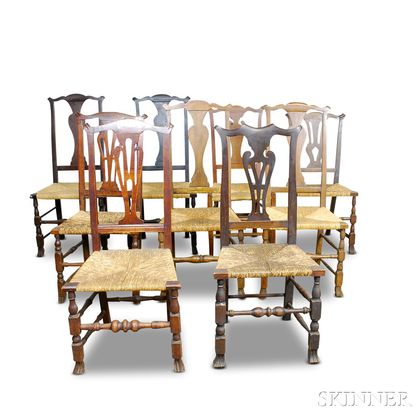 Assembled Set of Nine Queen Anne Country Side Chairs. Estimate $400-600