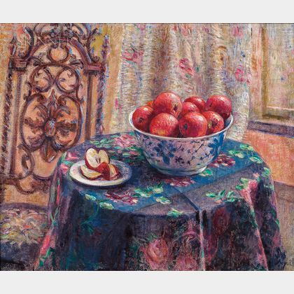 American School, 20th Century Still Life with Bowl of Apples on a Floral Tablecloth