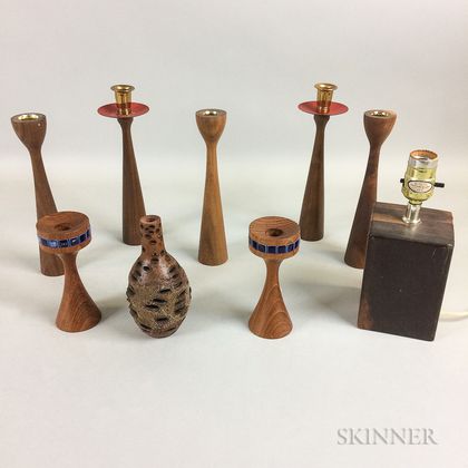 Seven Teak Candlesticks, Vase, and Small Table Lamp
