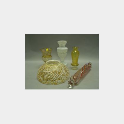 Bristol Glass Philadelphia Vase, a Bohemian Yellow Cut to Clear Vase, a Yellow Cut Glass Vase, a Vasamerrhina Glass Lamp Shade and a Gl
