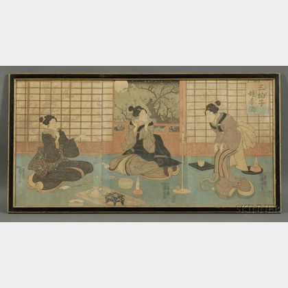 Kuniyoshi: Two Ladies and Serving Maid at an Indoor Spring Lunch Party