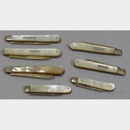 Seven English Mother-of-pearl and Sterling Silver Pen Knives