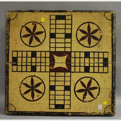 Polychrome Painted Wooden Footed Game Board with Four Short Drawers