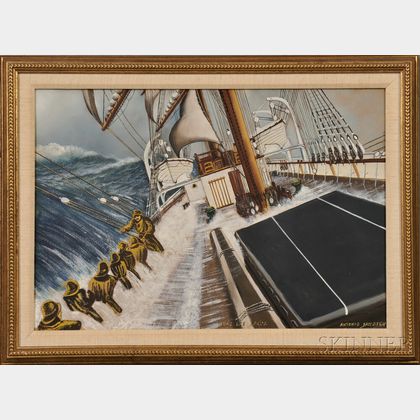 Antonio Nicolo Gasparo Jacobsen (Danish/American, 1850-1921) FORE LEE BRACE. Sailors on Deck in a Storm.