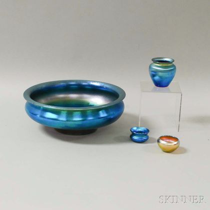 Steuben Blue Aurene Art Glass Bowl and Vase, and Two Art Glass Salts