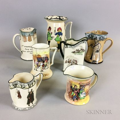 Seven Royal Doulton Transfer-decorated Ceramic Pitchers