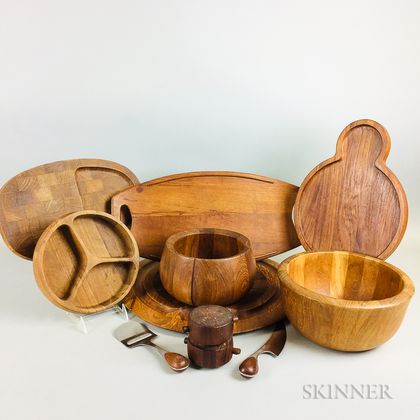 Five Teak Serving Trays, Two Bowls, Two Slicers, and a Jens Quistgaard Pepper Mill