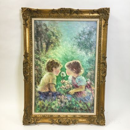 Framed Continental School Oil on Canvas Depiction of Two Children