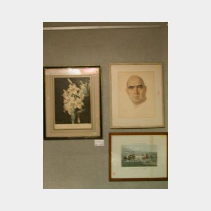Two Framed Decorative Prints and a Portrait Sketch. 