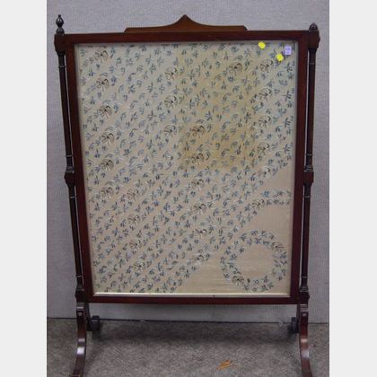 Regency Mahogany Firescreen with Japanese Silk Embroidered Panel. 