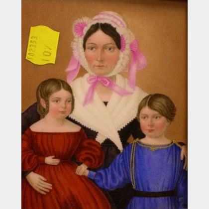 Birds-eye Maple Veneer Framed Painted Portrait of a Mother and Two Children on Porcelain. 