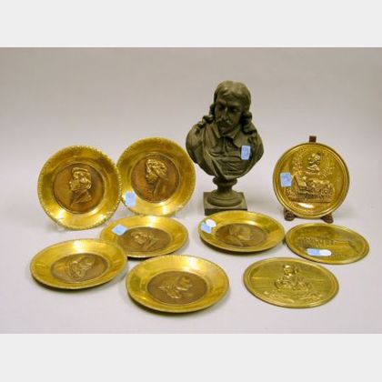 Set of Five Brass Composer and Three Literary Plaques and a Patinated Cast Metal Bust of Milton