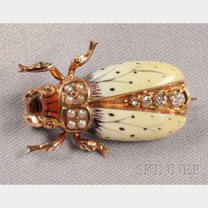 Art Nouveau 14kt Gold, Enamel, and Diamond Insect Brooch