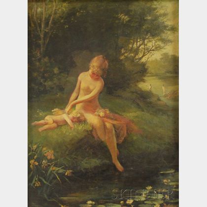 American School, 19th Century Nymph/Bather with Putto on a Stream Bank.