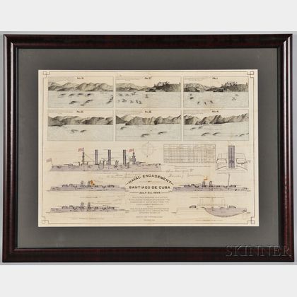 Framed Printed "Naval Engagement off Santiago de Cuba" Sketches and Notes