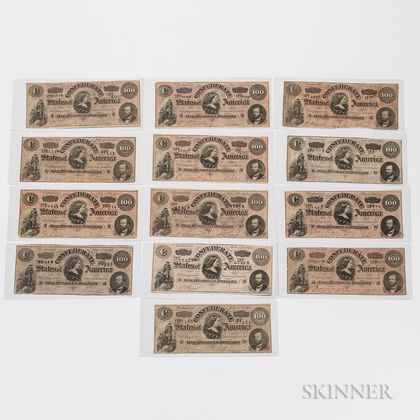 Thirteen 1864 Confederate $100 Notes, T65