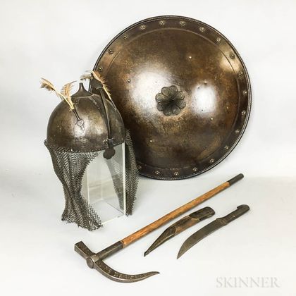 Middle Eastern Metal Helmet, Knife, Axe, and Shield. Estimate $150-250