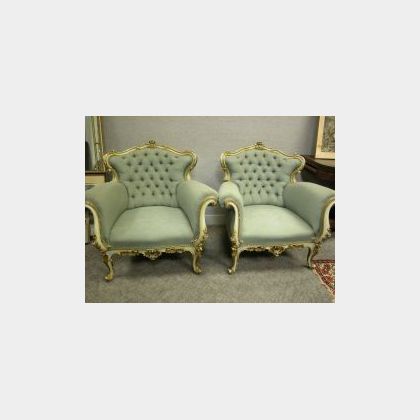 Pair of Louis XV Style Giltwood and Cream-Painted and Tufted Bergeres, 