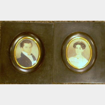 American School, 19th Century Pair of Miniature Portraits of James M. Whiton and Mary F. Whiton of Boston.
