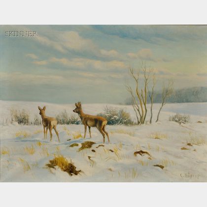 Carl Hoyrup (American, 1893-1961) Doe and Fawn in a Winter Landscape