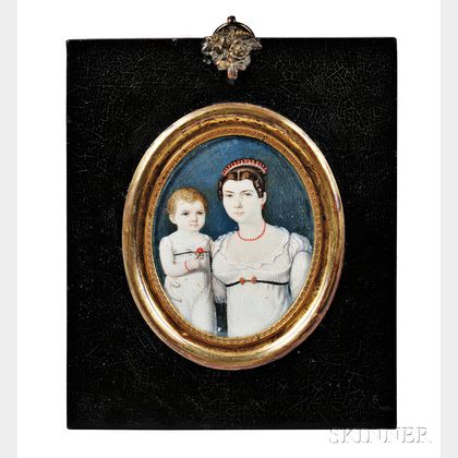 American School, Early 19th Century Miniature Portrait of a Woman and Child