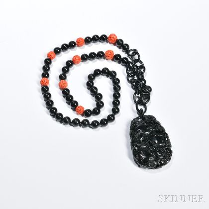 Black Stone and Coral Bead Necklace with Pendant