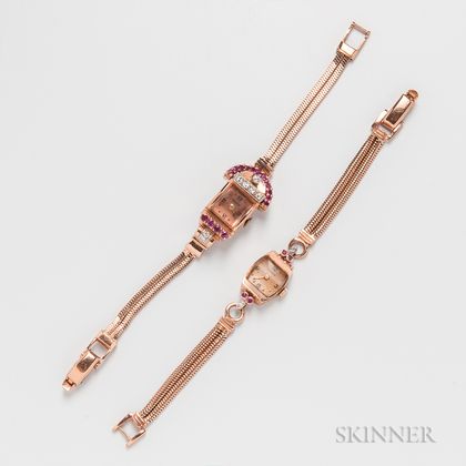 Two Retro 14kt Rose Gold, Diamond, and Ruby Lady's Wristwatches