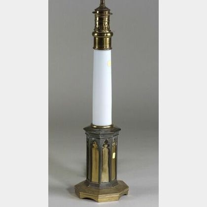 Bronze and Milk Glass Gothic Revival Oil Lamp