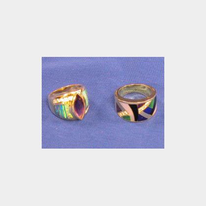 Two Contemporary 14kt Gold and Gem-set Rings. 