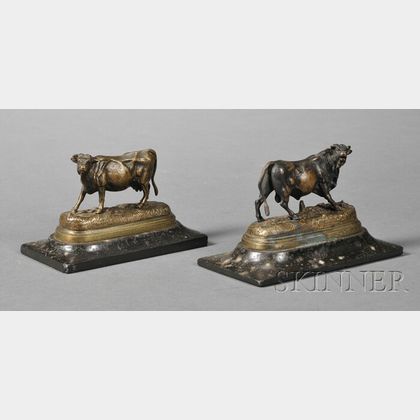 After Jules Moigniez (French, 1835-1894) Two Miniature Bronze Figures of a Bull and a Cow