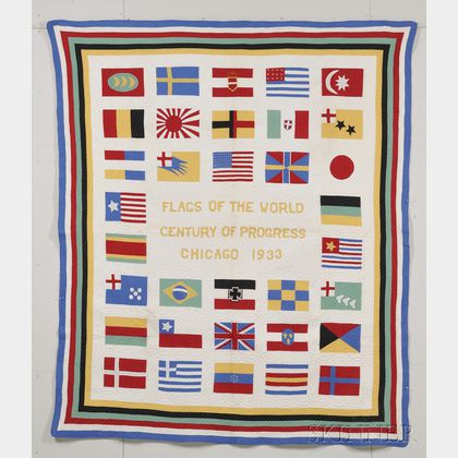 Pieced and Appliqued Cotton Chicago Century of Progress Flags of The World Quilt