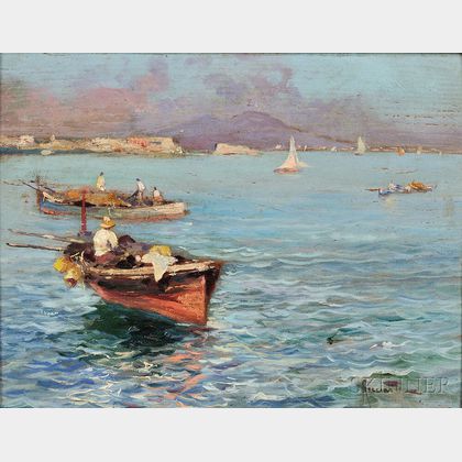Oscar Ricciardi (Italian, 1864-1935) Italian Coastal View with Fishing Boats