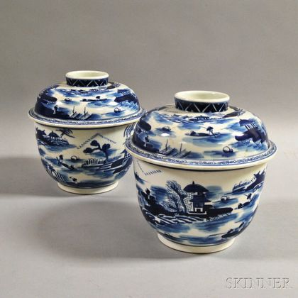 Pair of Canton Blue and White Soup Tureens