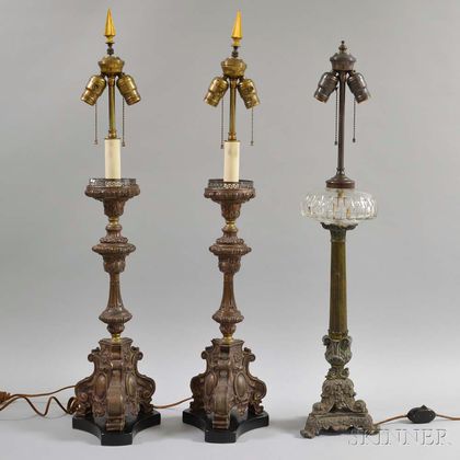 Three Rococo-style Cast Metal Table Lamps