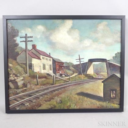 Harry Lane (American, 1891-1973) Houses and Railroad Tracks