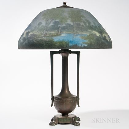 Moe-Bridges Company Reverse-painted Glass Shade with Patinated Bronze Base