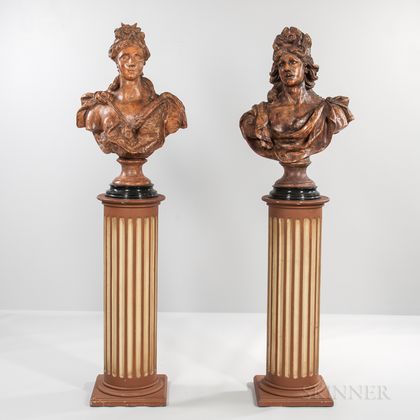 Pair of Italian Terra-cotta Busts on Wood Pedestals