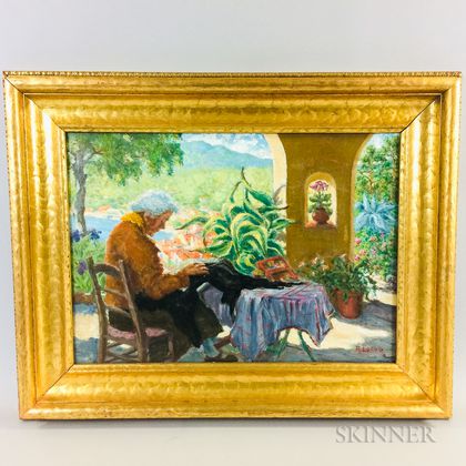 Framed Oil on Canvas Figural Scene of a Woman Mending