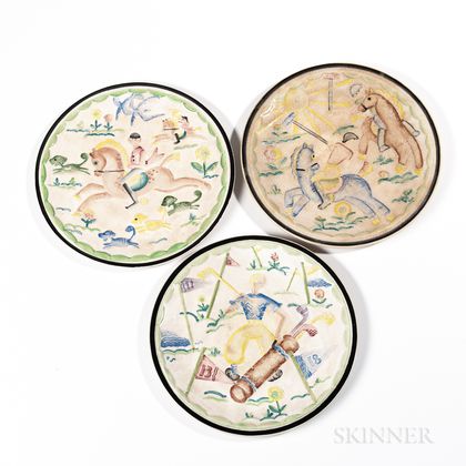 Three Sporting Scene Chargers by Viktor Schreckengost for Cowan Pottery
