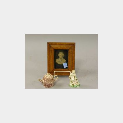 Birds-eye Maple Framed Wax Portrait Bust, a Miniature English Ceramic Teapot and a Ceramic Figure. 