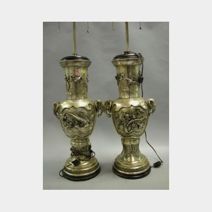 Pair of Chinese-style Silver Plated Table Lamps. 