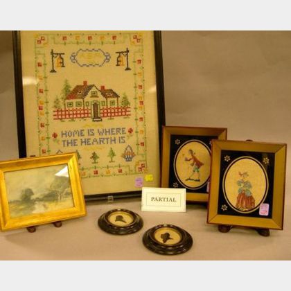 Three Framed Needlework Items, a Small Framed Painting, a Pair of Silhouettes, and a Framed Costume Illustration of Native of Tibet, F 